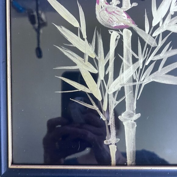 Vtg Asian Chinoiserie Bamboo & Birds Brush Painting on Silk In Black Gold Frame - Picture 7 of 15